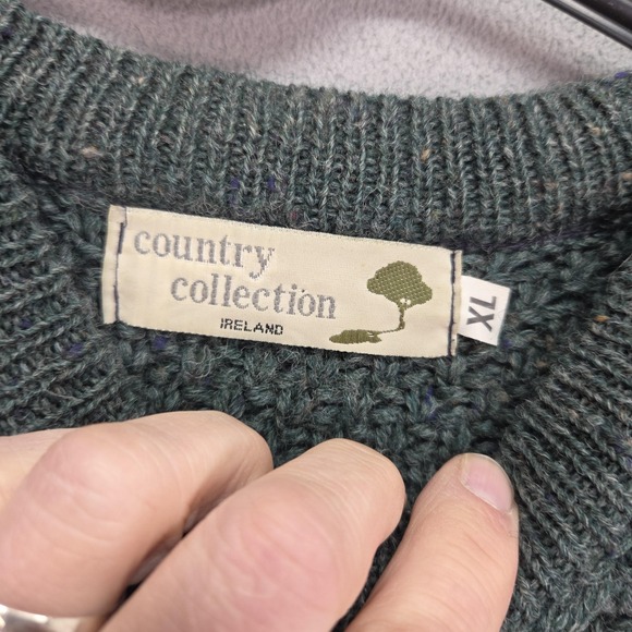 Country Collection Sweater Mens XL Green Wool Aran Cable Knit Crewneck Ireland - Picture 3 of 7